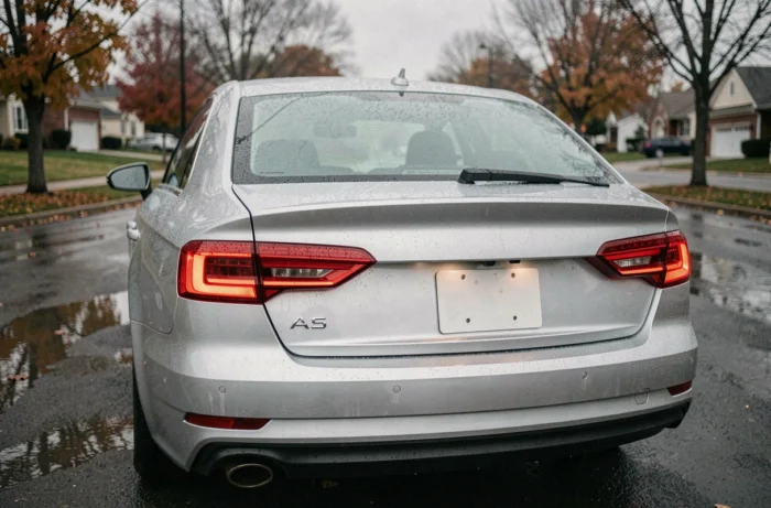 Essuie-glace arrière d'une Audi A4 en fonctionnement sous la pluie sur une rue mouillée