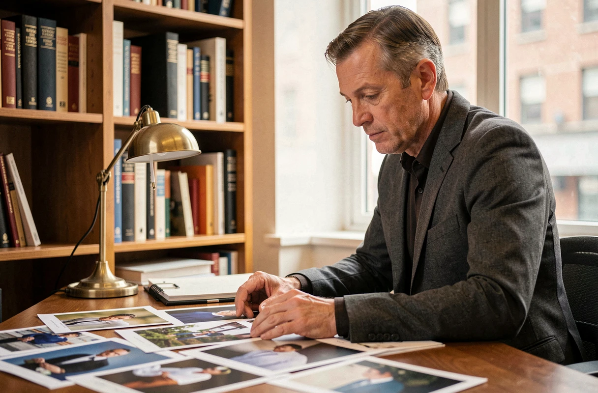 Professionnel des médias examinant des photographies sur un bureau en bois dans un bureau éditorial, évoquant la réflexion éthique sur le droit à l'image et la vie privée