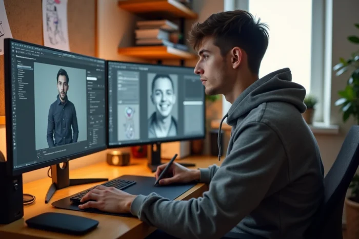 Étudiant en animation 3D travaillant sur un logiciel de modélisation pour préparer son portfolio d'admission