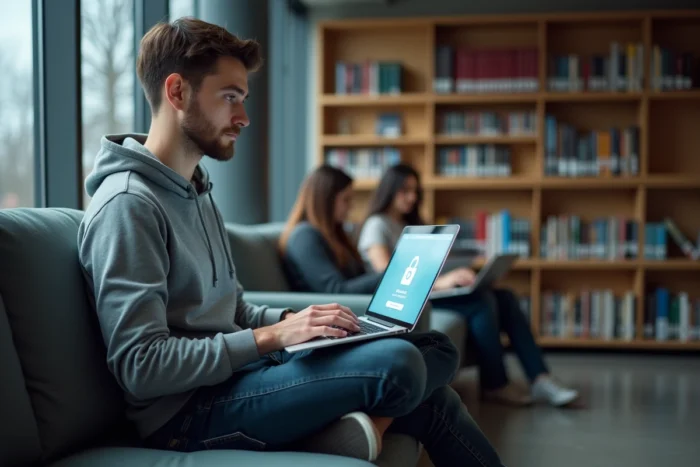 Étudiant assis dans une bibliothèque universitaire tentant de récupérer l'accès à sa messagerie académique Orléans Tours