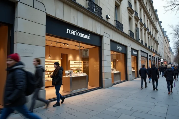 Façade d'un magasin Marionnaud en centre-ville avec des passants sur une rue commerçante européenne