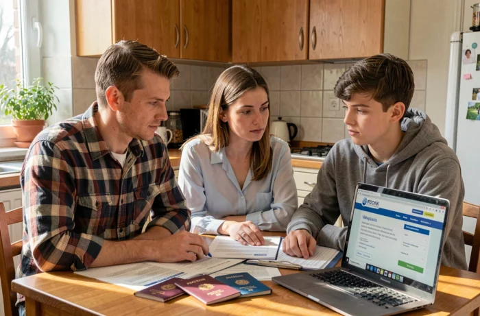 Famille réunie autour d'une table pour préparer des documents de migration internationale, illustrant les démarches administratives liées à l'immigration et à l'émigration