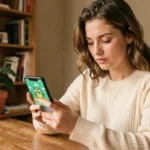 Jeune femme utilisant une application d'apprentissage des langues sur smartphone à son bureau, illustrant un abonnement Duolingo