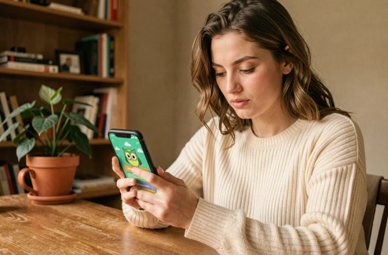 Jeune femme utilisant une application d'apprentissage des langues sur smartphone à son bureau, illustrant un abonnement Duolingo
