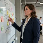 Femme d'affaires analysant un business model canvas dans un bureau moderne de startup