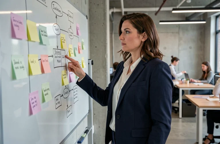 Femme d'affaires analysant un business model canvas dans un bureau moderne de startup
