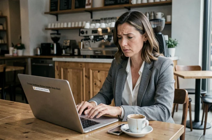 Femme inquiète face à une alerte de sécurité sur son ordinateur portable dans un café public, symbolisant les dangers des connexions internet non sécurisées et les risques BIM VUP