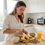 Femme préparant une banane au petit déjeuner dans une cuisine moderne avec des céréales et du jus d'orange