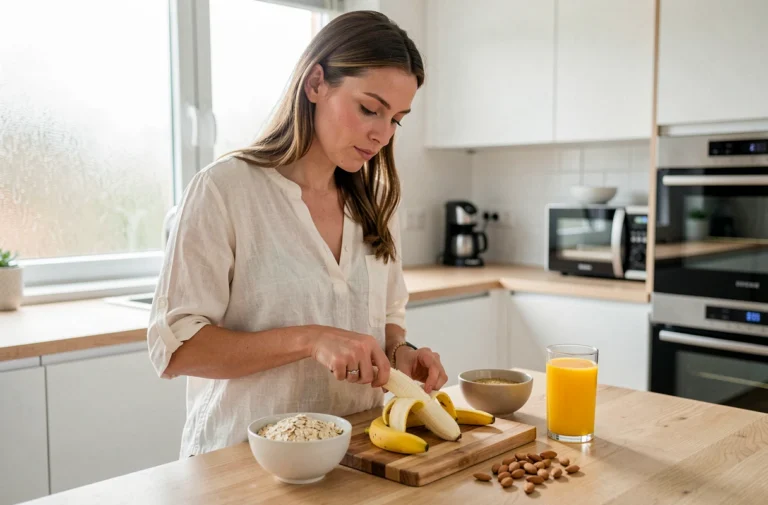 Femme préparant une banane au petit déjeuner dans une cuisine moderne avec des céréales et du jus d'orange