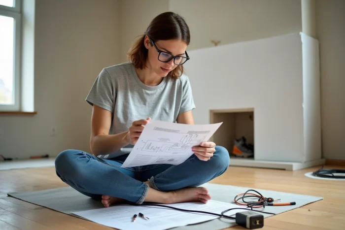 Femme réalisant elle-même le dénudage et le branchement des fils électriques noir et blanc dans un salon en rénovation