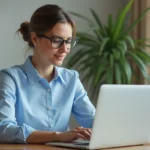 Femme professionnelle comparant les services SFR Mail sur un ordinateur portable dans un bureau à domicile moderne