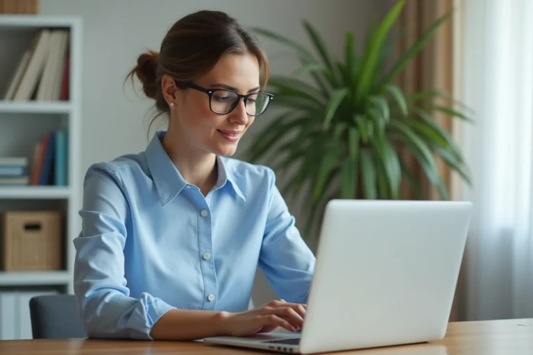 Femme professionnelle comparant les services SFR Mail sur un ordinateur portable dans un bureau à domicile moderne