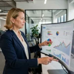 Femme cadre dirigeante analysant des tendances business sur un écran dans un bureau moderne en 2024