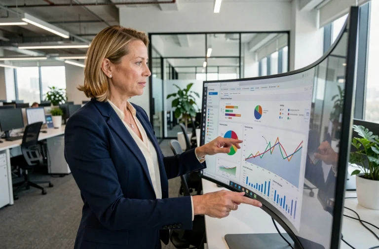 Femme cadre dirigeante analysant des tendances business sur un écran dans un bureau moderne en 2024