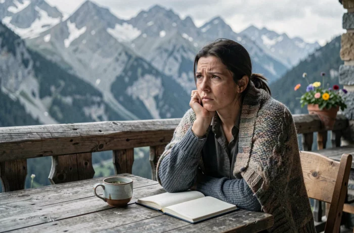 Femme pensive sur la terrasse d'un chalet de montagne avec une tasse de tisane, représentant le questionnement sur les vacances pendant un burn-out