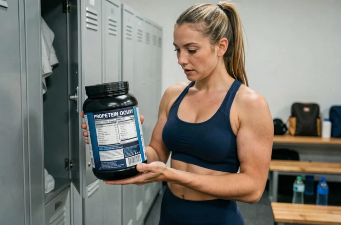 Femme sportive lisant l'étiquette nutritionnelle d'une poudre de protéine dans un vestiaire de salle de sport