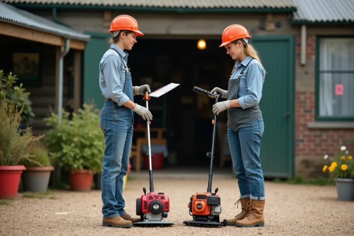 Femme comparant deux modèles de débroussailleuses thermiques dans un espace de vente de matériel de jardinage