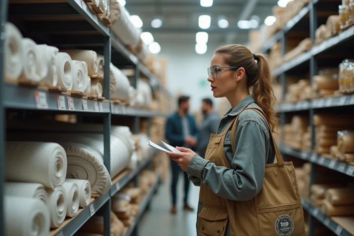 Une femme compare des rouleaux d'isolation dans le rayon d'une grande surface de bricolage pour optimiser son budget travaux
