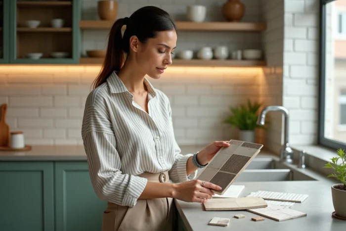 Femme comparant des échantillons de carrelage dans une cuisine rénovée avec mobilier vert sauge