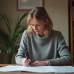 Femme seule face à des documents juridiques concernant la rupture de liens familiaux