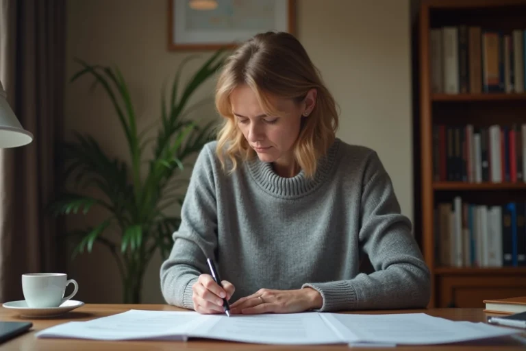 Femme seule face à des documents juridiques concernant la rupture de liens familiaux