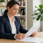 Femme consultant un dossier de prêt immobilier Casden à son bureau à domicile