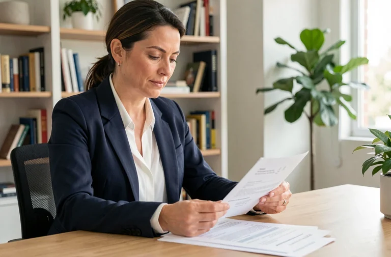 Femme consultant un dossier de prêt immobilier Casden à son bureau à domicile