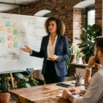 Femme entrepreneure présentant une stratégie d'entreprise à ses collègues dans un espace de coworking moderne et chaleureux