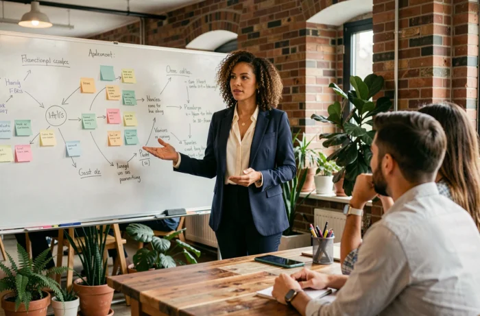 Femme entrepreneure présentant une stratégie d'entreprise à ses collègues dans un espace de coworking moderne et chaleureux
