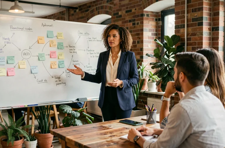 Femme entrepreneure présentant une stratégie d'entreprise à ses collègues dans un espace de coworking moderne et chaleureux