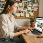 Jeune femme explorant un plan de site de voyage sur son ordinateur portable dans un bureau à domicile décoratif