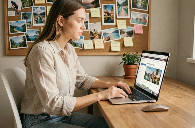 Jeune femme explorant un plan de site de voyage sur son ordinateur portable dans un bureau à domicile décoratif