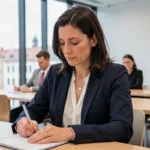 Femme professionnelle prenant des notes lors d'une formation continue dans une salle de séminaire moderne au Luxembourg
