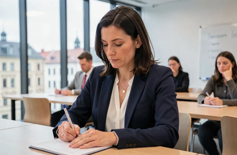 Femme professionnelle prenant des notes lors d'une formation continue dans une salle de séminaire moderne au Luxembourg