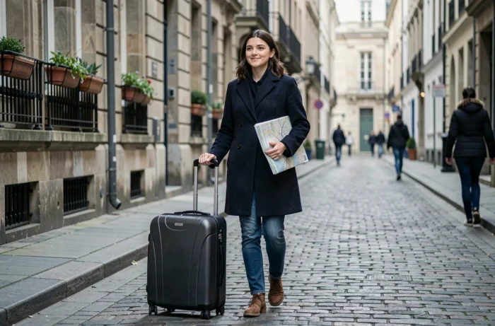 Jeune femme immigrante tirant une valise dans une rue pavée européenne, symbolisant l'arrivée dans un nouveau pays après une migration internationale
