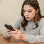 Jeune femme consultant ses invitations Instagram sur smartphone dans un bureau à domicile