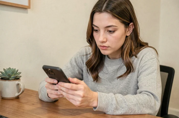 Jeune femme consultant ses invitations Instagram sur smartphone dans un bureau à domicile