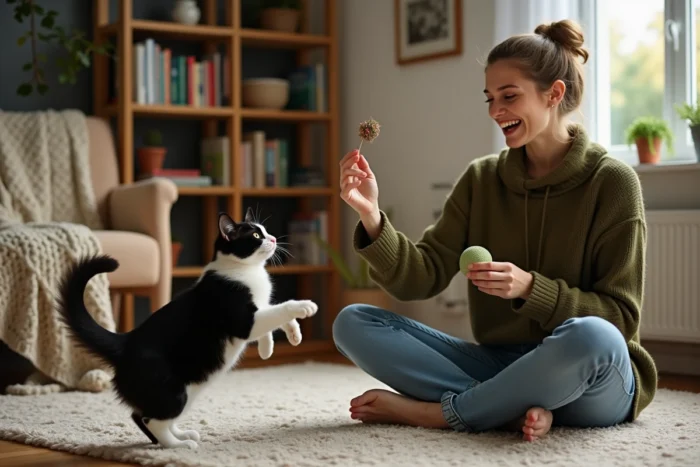 Femme jouant avec son chat tuxedo en appartement, univers des jeux félins et lien humain-animal