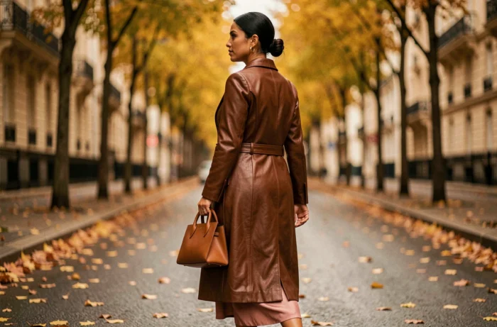 Femme sophistiquée en manteau en cuir marron marchant sur un boulevard parisien aux couleurs d'automne