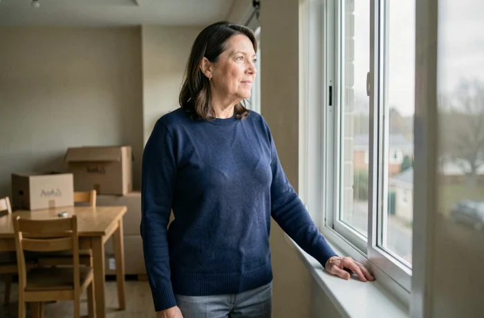Femme debout près d'une fenêtre dans un logement de transition, regard tourné vers l'avenir après des violences conjugales