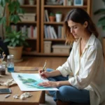 Femme peignant une aquarelle sur le sol d'un salon cosy, activité créative de loisir au quotidien