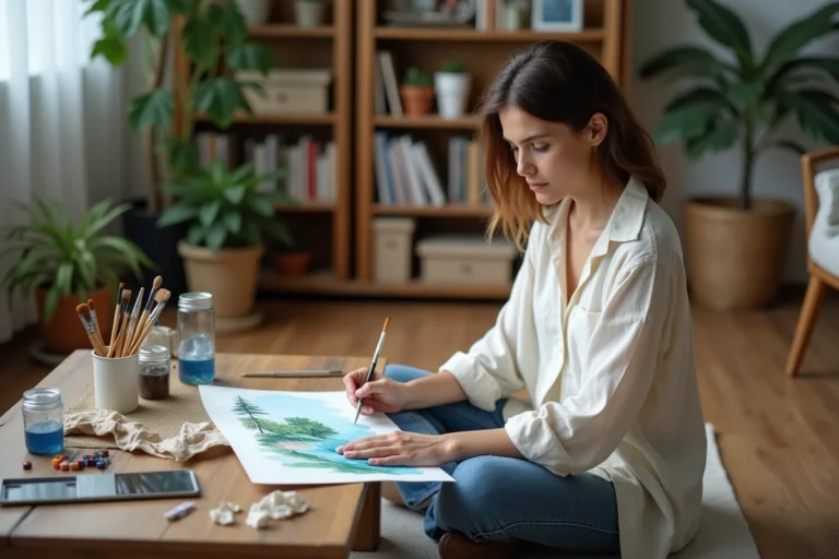 Femme peignant une aquarelle sur le sol d'un salon cosy, activité créative de loisir au quotidien