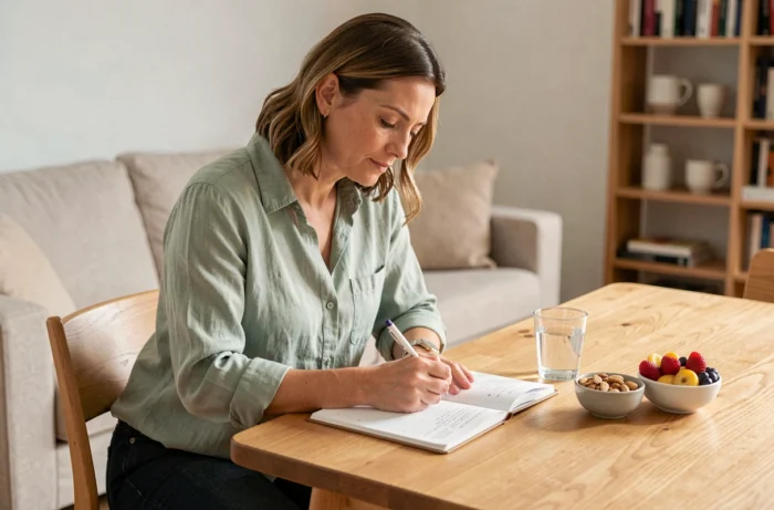 Femme planifiant ses repas dans un carnet à une table en bois avec des fruits et noix, illustrant une approche organisée pour mincir durablement