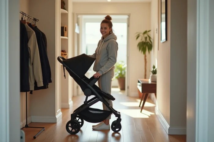 Femme démontrant le mécanisme de pliage rapide d'une poussette noire dans un couloir d'entrée moderne, astuce pratique pour plier une poussette à la maison