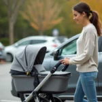 Jeune femme pliant une poussette compacte grise d'une main dans un parking, illustration pratique pour apprendre à plier facilement une poussette au quotidien