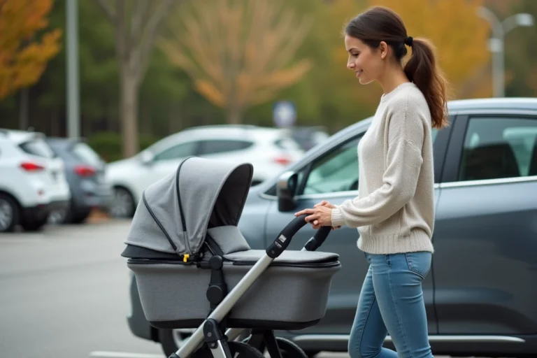 Jeune femme pliant une poussette compacte grise d'une main dans un parking, illustration pratique pour apprendre à plier facilement une poussette au quotidien