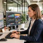 Professionnelle en entreprise analysant des tableaux de bord de performance sur des écrans ultralarges dans un bureau moderne