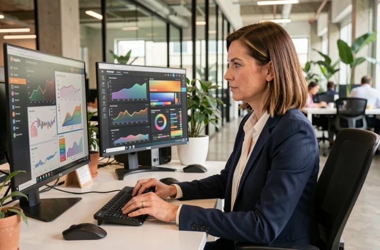 Professionnelle en entreprise analysant des tableaux de bord de performance sur des écrans ultralarges dans un bureau moderne