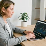 Femme consultant des informations financières en ligne sur un ordinateur portable dans un bureau moderne à domicile