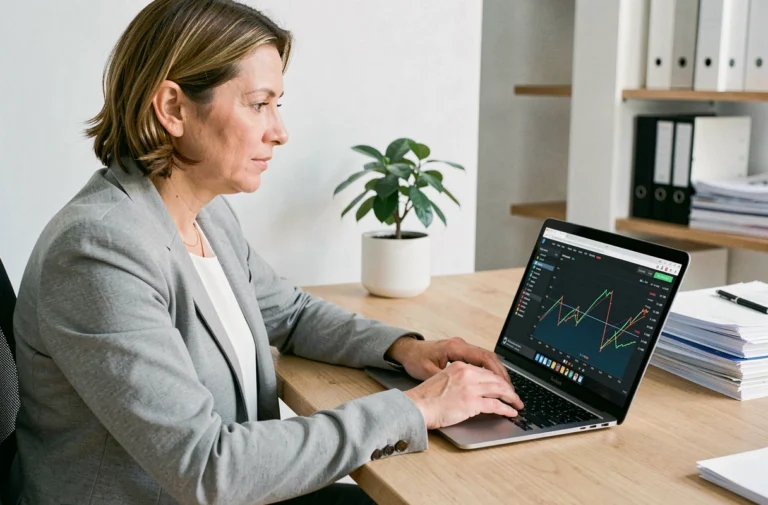 Femme consultant des informations financières en ligne sur un ordinateur portable dans un bureau moderne à domicile